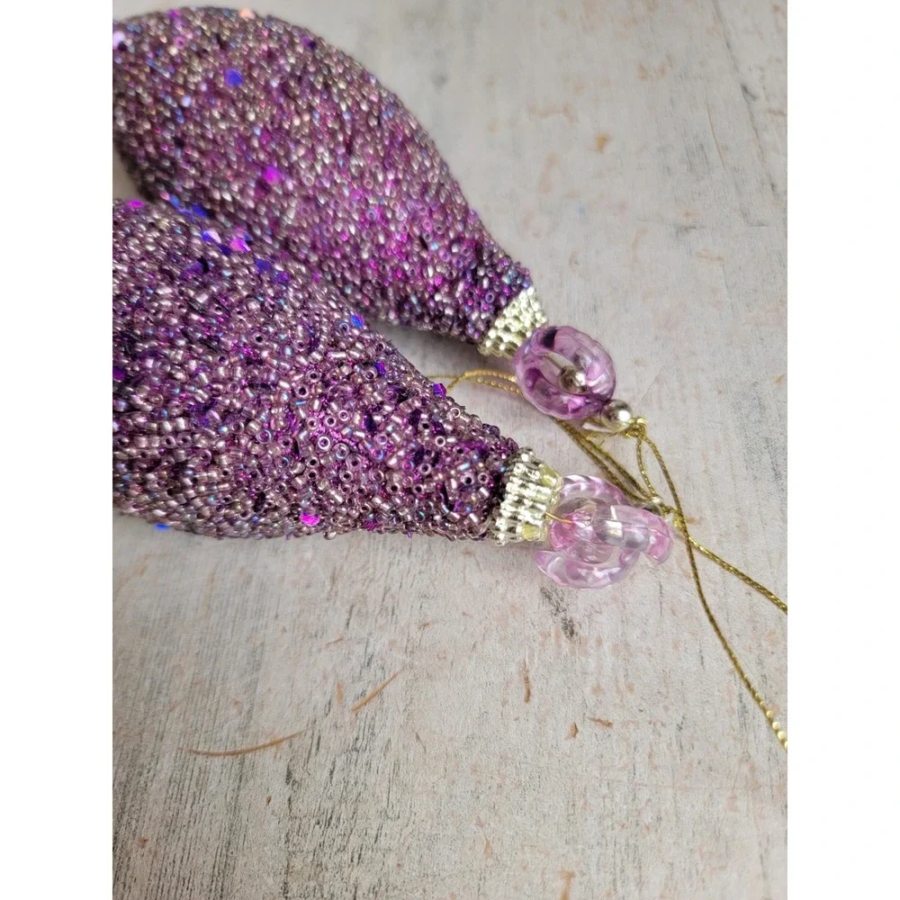Abstract purple beaded sequin glitter ornament Xmas vintage set unique Home